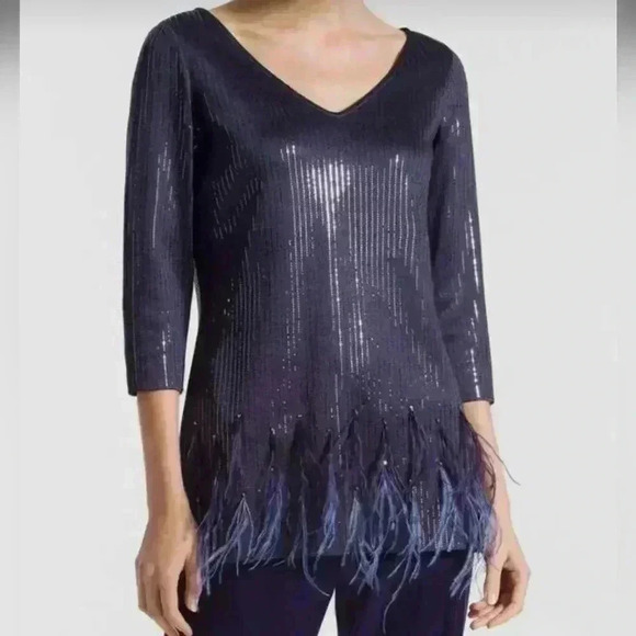 St. John Embellished Feather Sequin V-neck 3/4 sleeve Blouse Small Wool Blend - Picture 1 of 16